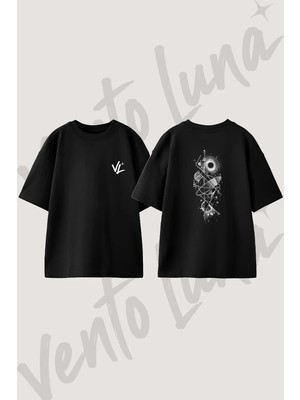 Kozmik Geometri_1 Tasarım Sırt Baskılı Pamuk Siyah Oversize T-Shirt