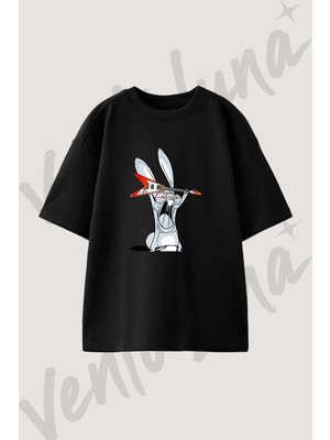 Rock Tavsan Gitar Tasarım Baskılı Unisex Oversize Kalıp Siyah Tshirt