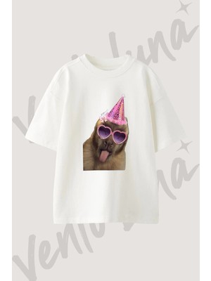Kopek Parti Gozluk Tasarım Baskılı Unisex Oversize Kalıp Beyaz Tshirt