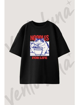 Tombul Kedi Noodle Tasarım Baskılı Unisex Oversize Kalıp Siyah Tshirt
