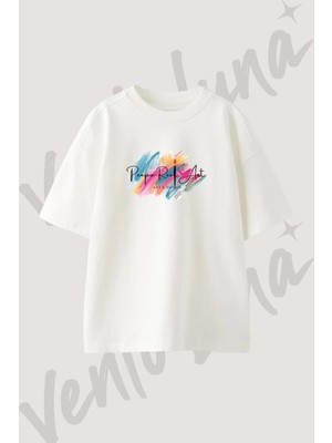 Boya Firca Tasarım Baskılı Unisex Oversize Kalıp Beyaz Tshirt