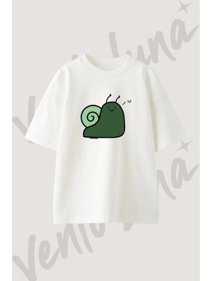 Cute Snail Tasarım Baskılı Unisex Oversize Kalıp Beyaz Tshirt