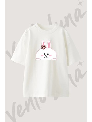 Cony Tavsan Tasarım Baskılı Unisex Oversize Kalıp Beyaz Tshirt