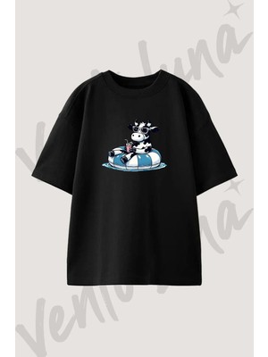 Summer Cow Tasarım Baskılı Unisex Oversize Kalıp Siyah Tshirt