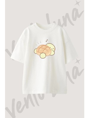 Melonpan Turtle Tasarım Baskılı Unisex Oversize Kalıp Beyaz Tshirt