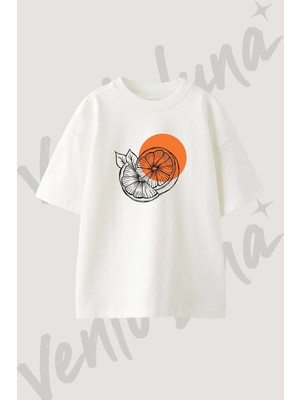 Portakal Dilimi Tasarım Baskılı Unisex Oversize Kalıp Beyaz Tshirt
