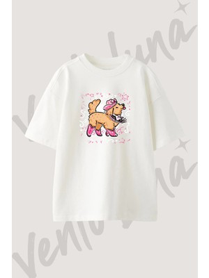Pembe Kovboy Kopek Tasarım Baskılı Unisex Oversize Kalıp Beyaz Tshirt
