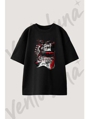 Rock Muzik_1 Tasarım Baskılı Unisex Oversize Kalıp Siyah Tshirt