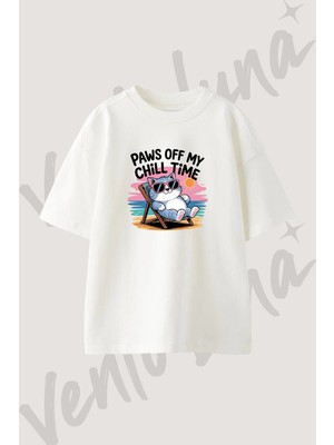 Chill Kedi Tasarım Baskılı Unisex Oversize Kalıp Beyaz Tshirt
