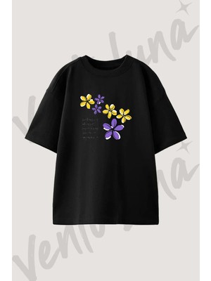Cicek Alinti Tasarım Baskılı Unisex Oversize Kalıp Siyah Tshirt