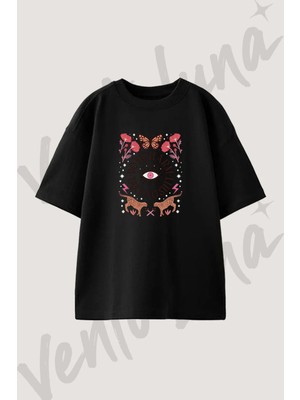 Evil Eye Leopards Tasarım Baskılı Unisex Oversize Kalıp Siyah Tshirt