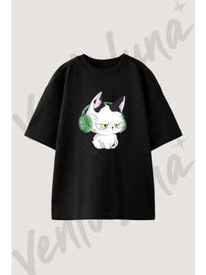 Kedi Kulaklik Tasarım Baskılı Unisex Oversize Kalıp Siyah Tshirt