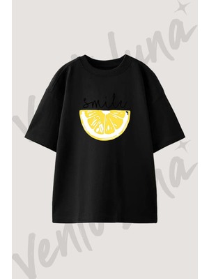 Lemon Smile Tasarım Baskılı Unisex Oversize Kalıp Siyah Tshirt