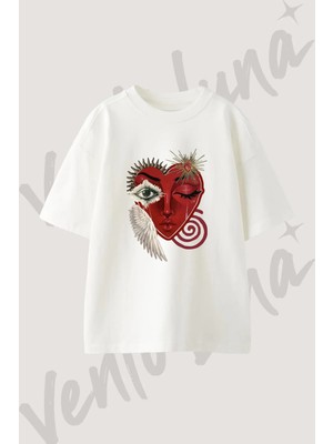 Sacred Heart Tasarım Baskılı Unisex Oversize Kalıp Beyaz Tshirt