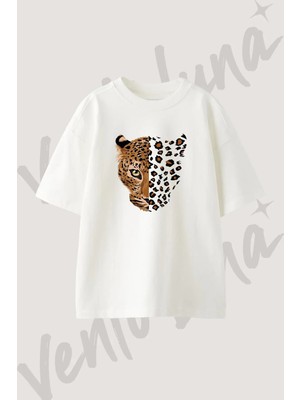 Leopar Desen Tasarım Baskılı Unisex Oversize Kalıp Beyaz Tshirt