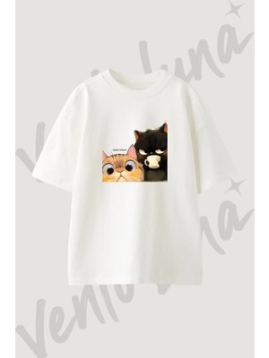 Pusheen Stormy Tasarım Baskılı Unisex Oversize Kalıp Beyaz Tshirt