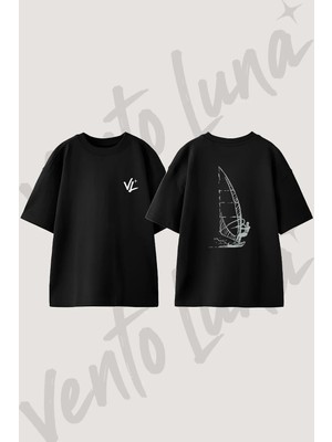 Windsurf Tasarım Sırt Baskılı Pamuk Siyah Oversize T-Shirt
