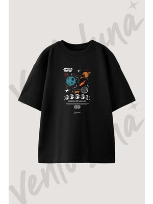 Space Ways Tasarım Baskılı Unisex Oversize Kalıp Siyah Tshirt