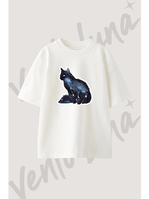 Cat Galaxy Tasarım Baskılı Unisex Oversize Kalıp Beyaz Tshirt