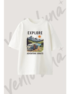Camper Van Tasarım Baskılı Unisex Oversize Kalıp Beyaz Tshirt