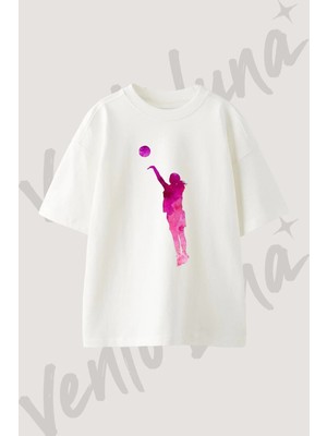 Basketbol Siluet Suluboya Tasarım Baskılı Unisex Oversize Kalıp Beyaz Tshirt