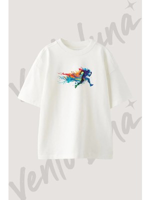 Atlet Sanat Tasarım Baskılı Unisex Oversize Kalıp Beyaz Tshirt