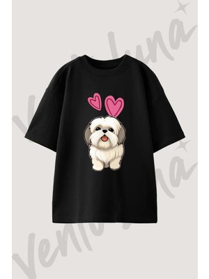 Shih Tzu Tasarım Baskılı Unisex Oversize Kalıp Siyah Tshirt