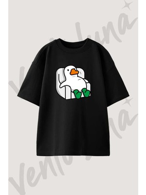 Lazy Duck Tasarım Baskılı Unisex Oversize Kalıp Siyah Tshirt