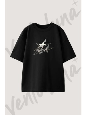 Chrome Stars Tasarım Baskılı Unisex Oversize Kalıp Siyah Tshirt