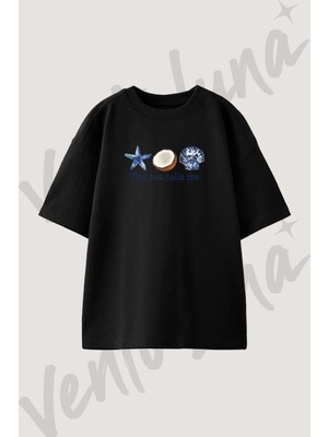 Deniz Yildizi Hindistancevizi Tasarım Baskılı Unisex Oversize Kalıp Siyah Tshirt