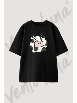Cow Peace Sign Tasarım Baskılı Unisex Oversize Kalıp Siyah Tshirt