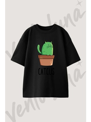 Cactus Cat Tasarım Baskılı Unisex Oversize Kalıp Siyah Tshirt