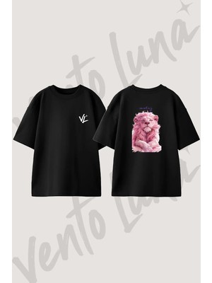 Maluz Lion Tasarım Sırt Baskılı Pamuk Siyah Oversize T-Shirt