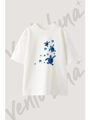 Mavi Deniz Canlilari Tasarım Baskılı Unisex Oversize Kalıp Beyaz Tshirt