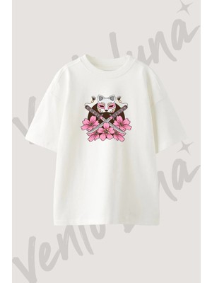 Kitsune Mask Katana Tasarım Baskılı Unisex Oversize Kalıp Beyaz Tshirt