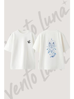 Mavi Floral Tilki Tasarım Sırt Baskılı Pamuk Beyaz Oversize T-Shirt