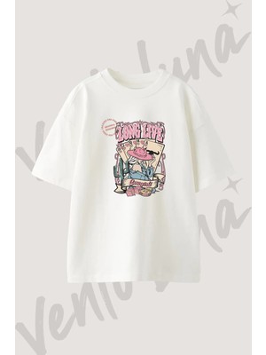 Cowgirl Poker Tasarım Baskılı Unisex Oversize Kalıp Beyaz Tshirt