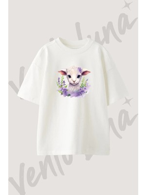 Kuzu Lavanta Tasarım Baskılı Unisex Oversize Kalıp Beyaz Tshirt