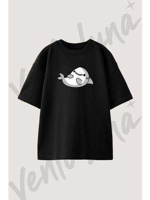 Cute Shark Tasarım Baskılı Unisex Oversize Kalıp Siyah Tshirt
