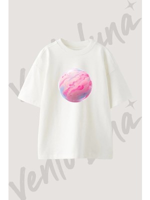 Pembe Gezegen Tasarım Baskılı Unisex Oversize Kalıp Beyaz Tshirt