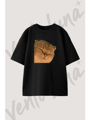 Gulumsyen Kedi Tasarım Baskılı Unisex Oversize Kalıp Siyah Tshirt
