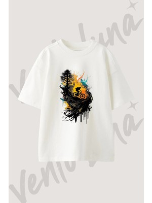 Dag Bisikleti Tasarım Baskılı Unisex Oversize Kalıp Beyaz Tshirt