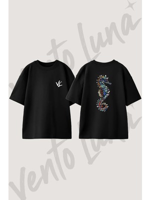 Seahorse Art Tasarım Sırt Baskılı Pamuk Siyah Oversize T-Shirt
