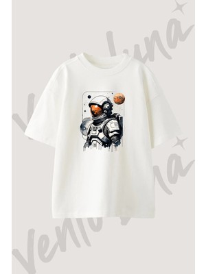 Astronaut Tasarım Baskılı Unisex Oversize Kalıp Beyaz Tshirt
