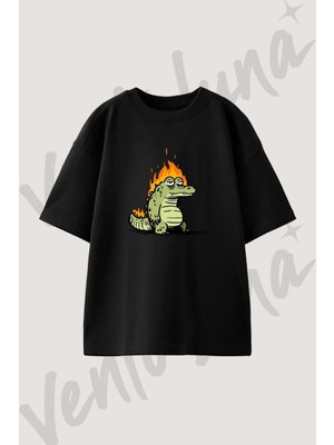 Ates Timsah Tasarım Baskılı Unisex Oversize Kalıp Siyah Tshirt