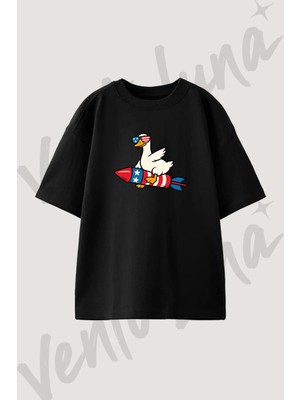 Usa Goose Rocket Tasarım Baskılı Unisex Oversize Kalıp Siyah Tshirt