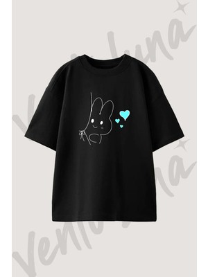 Tavsan Kalp Tasarım Baskılı Unisex Oversize Kalıp Siyah Tshirt