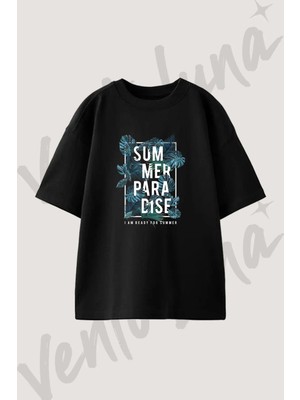 Tropical Leaves Tasarım Baskılı Unisex Oversize Kalıp Siyah Tshirt
