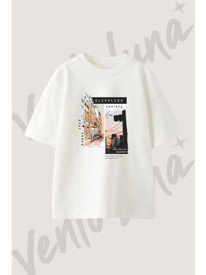 Urban Sketch Tasarım Baskılı Unisex Oversize Kalıp Beyaz Tshirt