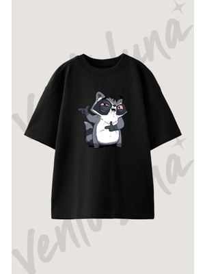 Stoned Raccoon Tasarım Baskılı Unisex Oversize Kalıp Siyah Tshirt
